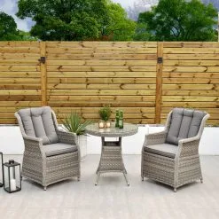 Bali - Rattan Bistro Set With Table & Two Armchairs With Cushions (Grey)
